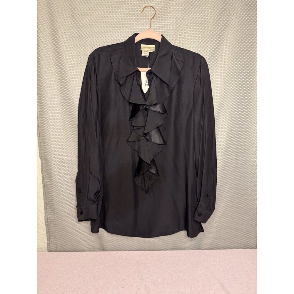 Coldwater Creek Silk Blouse Button Up Women Sz 12 Black Ruffle Dressy - Picture 7 of 8